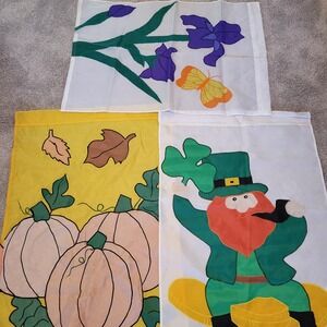 Holiday Garden Flags Lot Seasonal Leprechaun Pumpkin Iris‎ Butterfly Decor READ